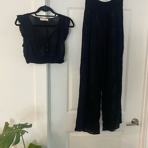 Women's Black Embroidered Cropped Top with High Waist Wide Leg Pant Matching Set